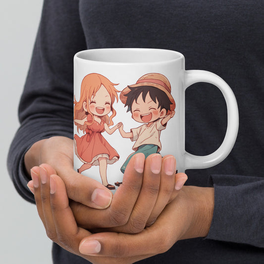 Chibi Luna cuddle and dance White glossy mug